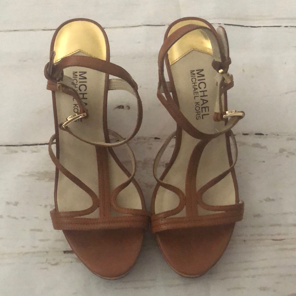 Michael Kors brown leather wedge sandals
